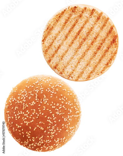Grilled burger bun isolated on white background.