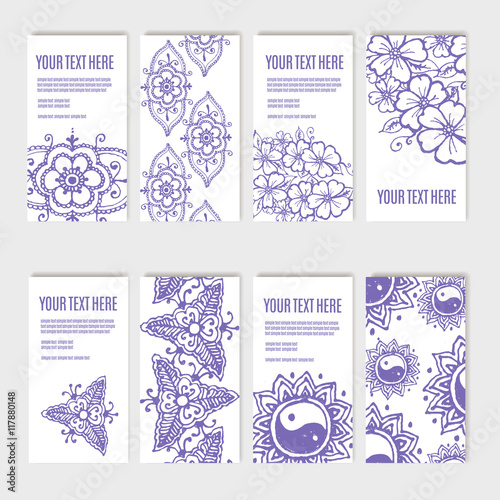Vintage ornament design business card collection with floral texture. EPS 10 vector pattern set in oriental style. mehendi henna tattoo.
