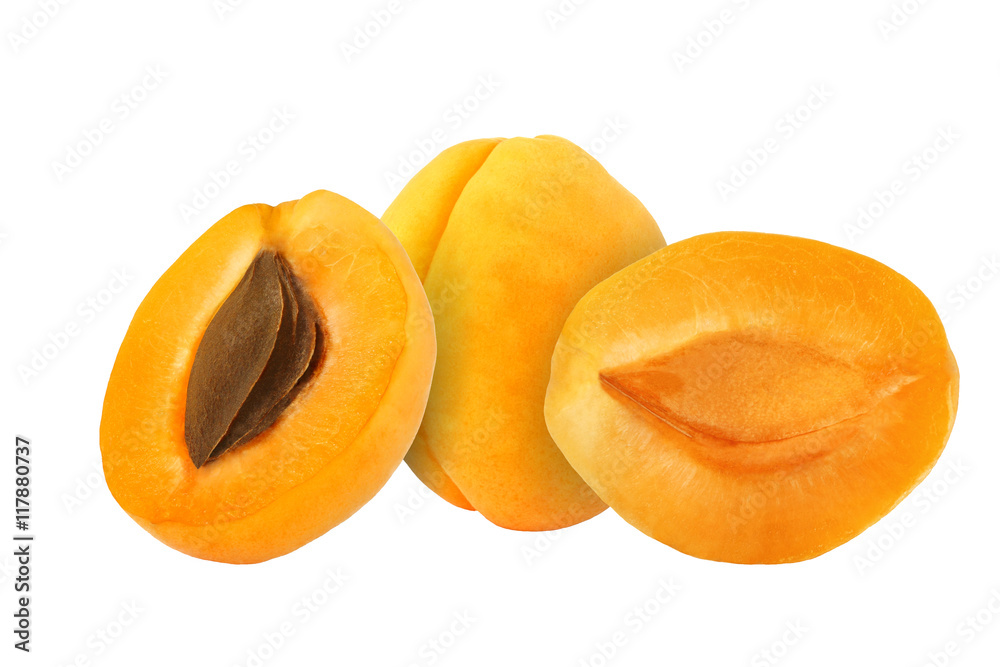 cut apricot fruits isolated on white background, with clipping p