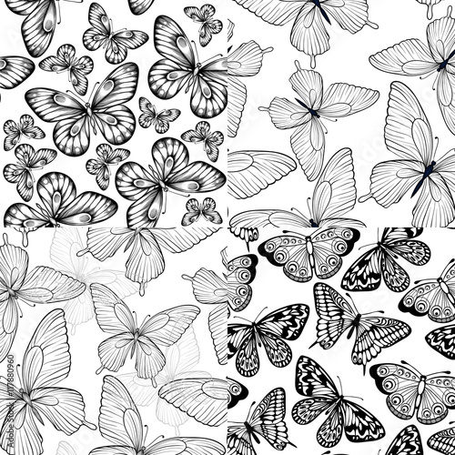 set of beautiful monochrome black and white seamless background with butterflies.