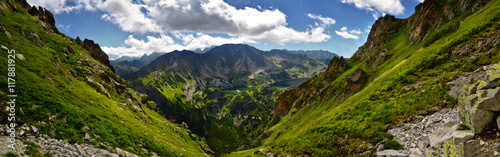Panoramic view of five lake valley in Tatra mountain