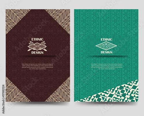Ornamental flyer template with native american borders. Vector illustration