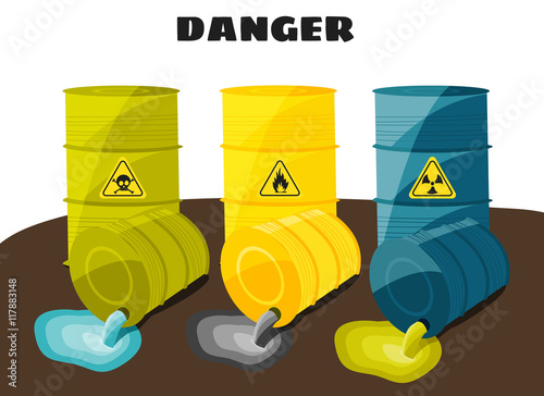 Waste products flow from the barrels with the sign of dangerous. Vector