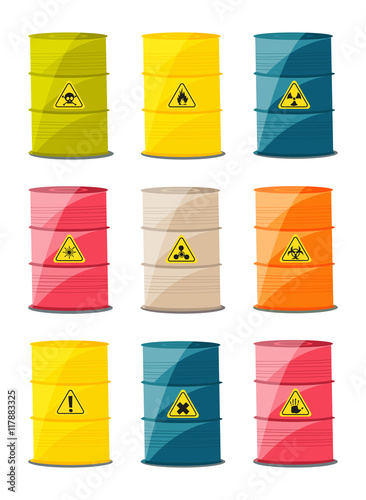 Containers with explosive and reactive substances, waste of chemical industry. Vector