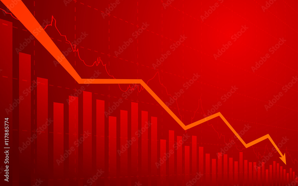 Business chart with arrow downtrend line graph, bar chart and stock