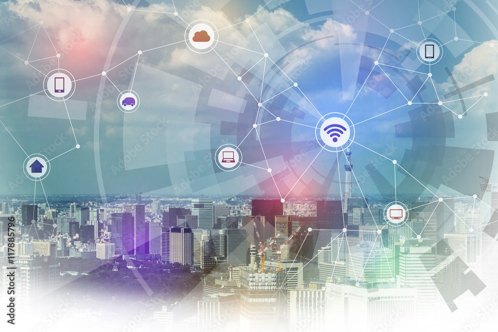 Naklejka premium smart city and wireless communication network, IoT(internet of things), CPS(Cyber-Physical Systems), ICT(Information Communication Technology), abstract image visual
