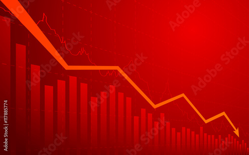 Business chart with arrow downtrend line graph, bar chart and stock numbers in bear market on red background (vector)