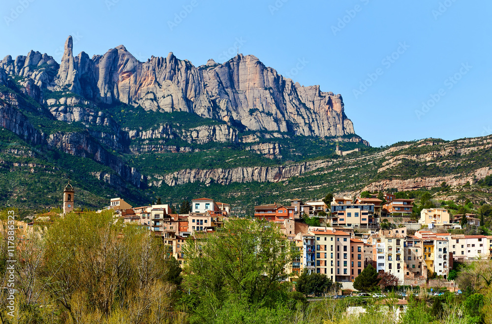 Montserrat mountains and Monistrol de Montserrat town. Spain