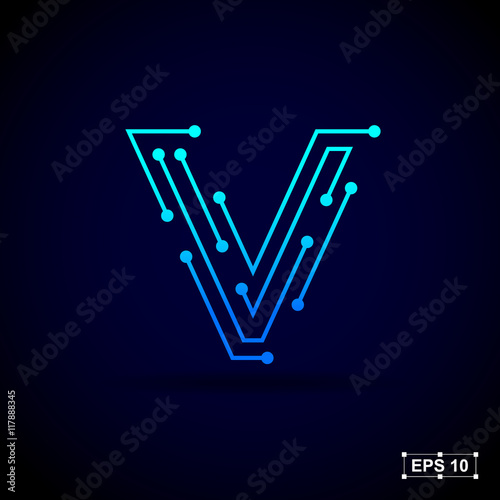 Letter V logo design template,Technology abstract dot connection cross vector logo icon circle logotype
