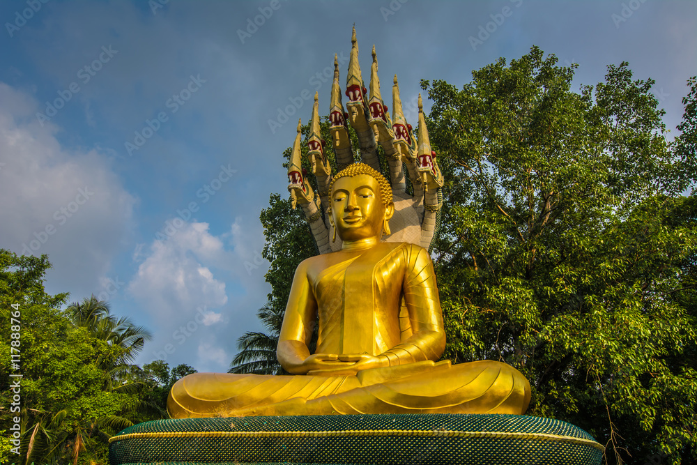 Golden sculpture of meditating Buddha and naga in Wat Chak Yai Chanthaburi province Thailand. Golden sculpture of meditating Buddha and naga in Wat Chak Yai Chanthaburi province Thailand.