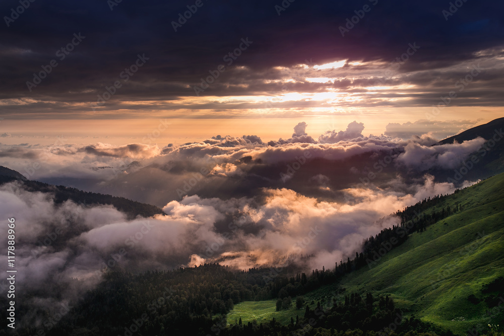 Beautiful summer landscape in the mountains. Sunrise