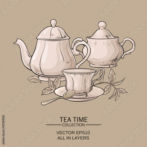Teapot with cup and sugar bowl