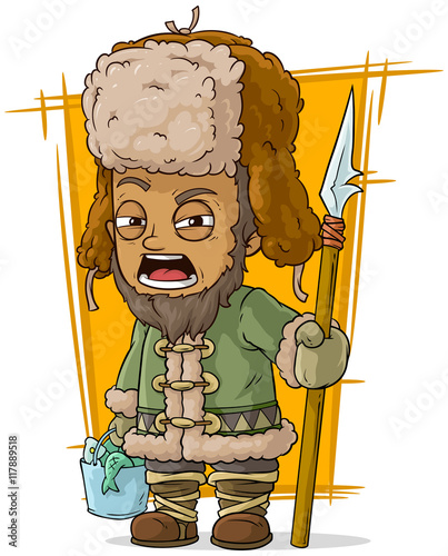 Cartoon drunk fisherman with basket and spear