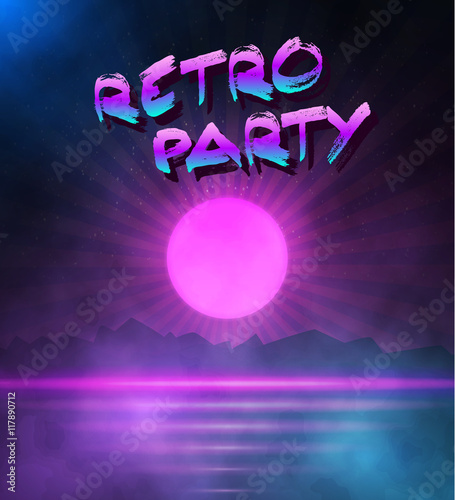 Illustration of Retro Neon Background. 1980 Neon Poster. Retro Disco 80s Background with Triangles, Flares, Partickles photo