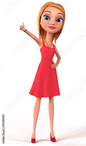 Girl isolated on white background thumbs up. 3d render illustrat