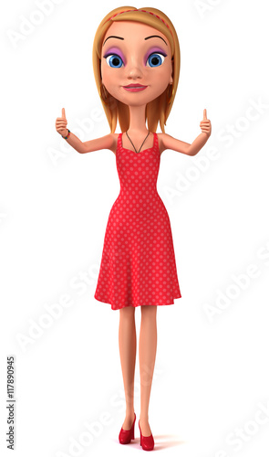 Girl shows two thumbs up on a white background. 3d rendered illu