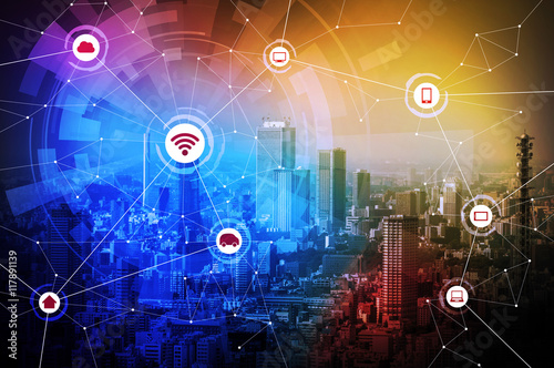 Modern city and wired network concept icons, IoT(internet of things), CPS(Cyber-Physical Systems), ICT(Information Communication Technology), abstract image visual