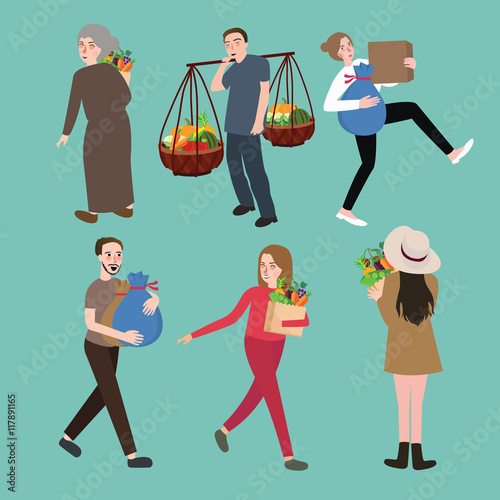 people man woman character bring stuff carry object set activities collection