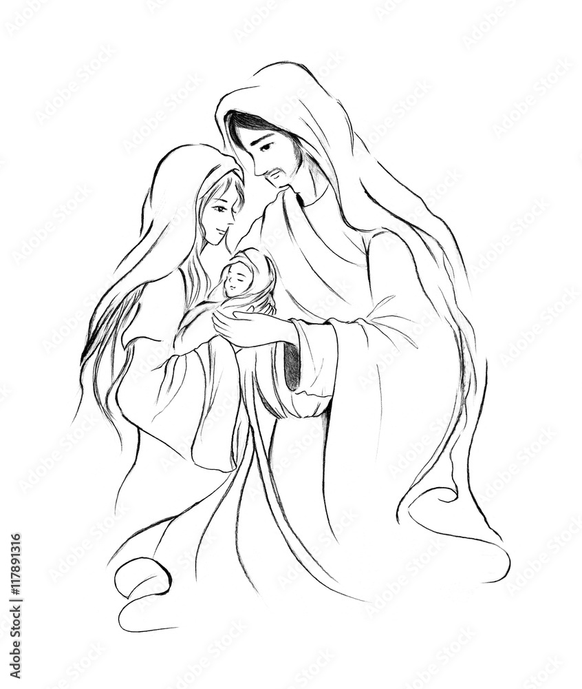 Baby Jesus Mary and Joseph in abstract line art drawing on white ...
