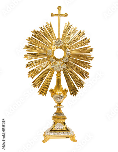 Old gold monstrance Jesus body on white background