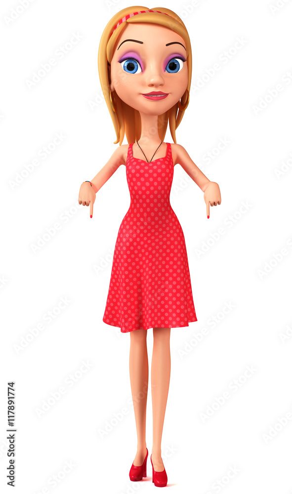 Girl points two fingers at the empty space. Illustration for adv Girl points two fingers at the empty space. Illustration for adv