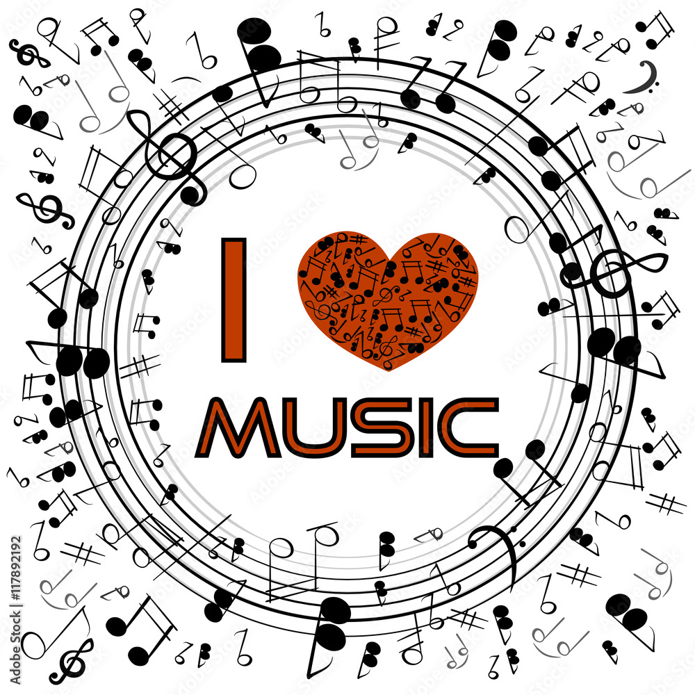 Decoration of musical notes in the shape of a circle with text. Stock