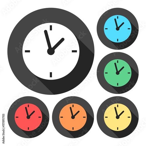 Flat clock icon set on round color background