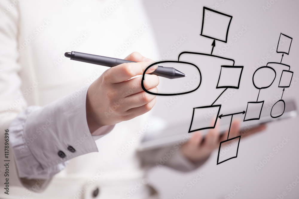 Woman drawing flowchart, business process concept Woman drawing flowchart, business process concept