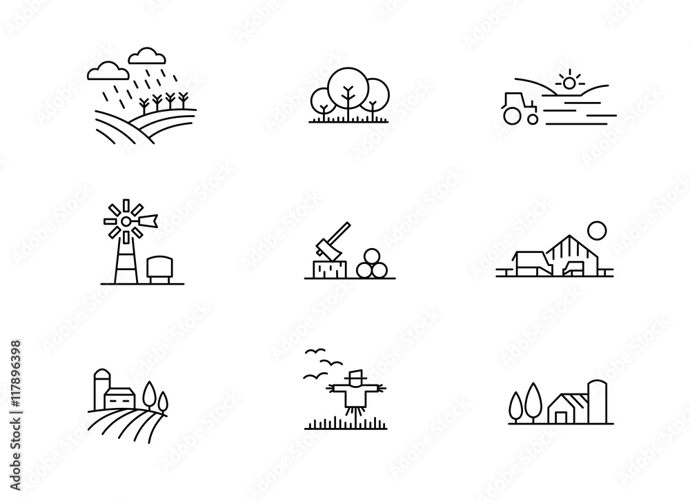 Farm landscape icons, thin line style