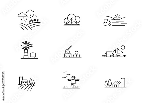 Farm landscape icons, thin line style