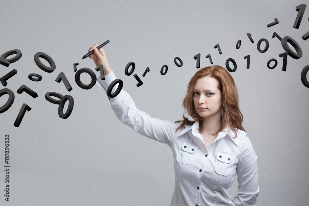 Woman working with binary code, concept of digital technology. Woman working with binary code, concept of digital technology.