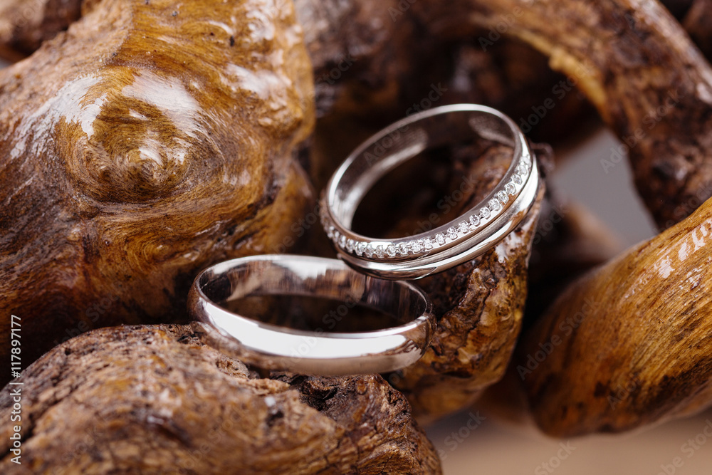 Wedding rings on wood Wedding rings on wood
