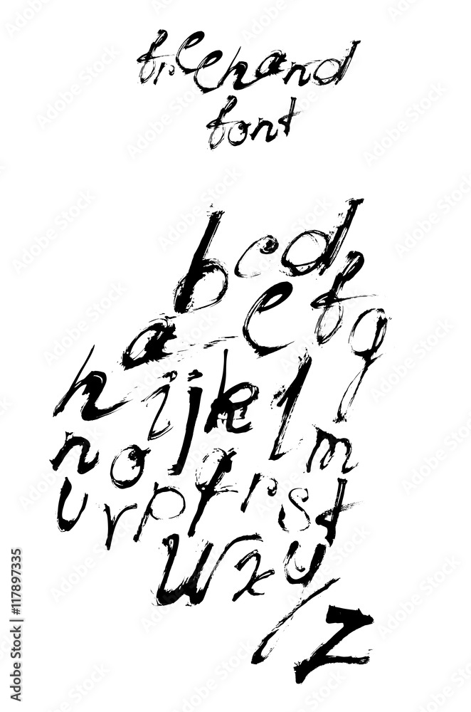 Freehand abc font hand written with ink and brush with spatter and brush trace isolated on white background. Vector illustration, good for lettering and print. Alphabet from A to Z Freehand abc font hand written with ink and brush with spatter and brush trace isolated on white background. Vector illustration, good for lettering and print. Alphabet from A to Z