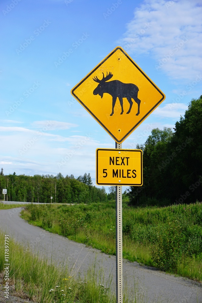 A yellow moose crossing sign in Alaska