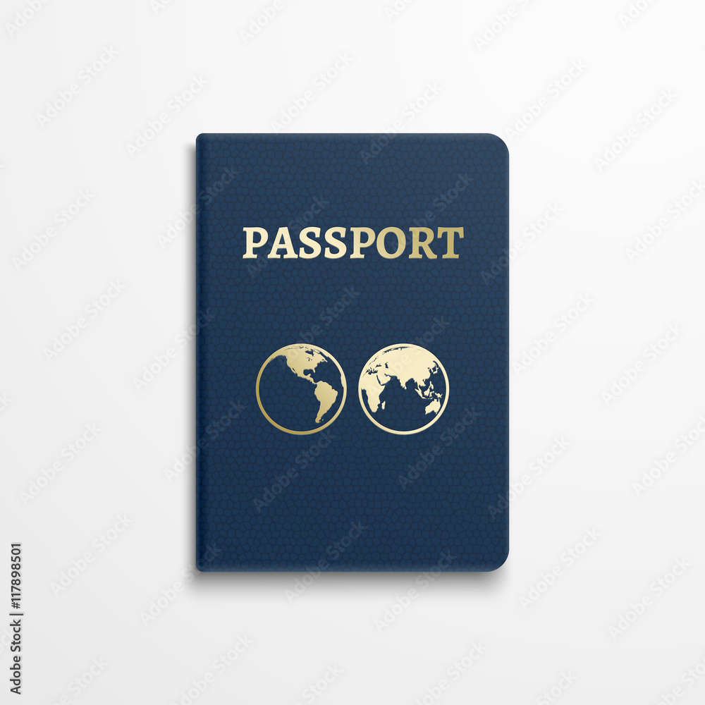 Passport with gold globe earth emblem on cover. Vector illustration Passport with gold globe earth emblem on cover. Vector illustration
