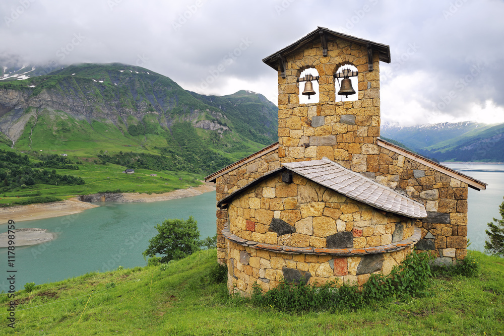 Church on the mountain lake shore