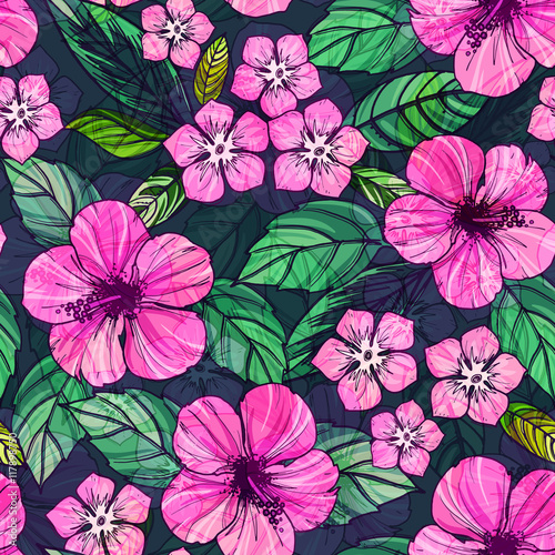 Summer colorful hawaiian seamless pattern with tropical plants and hibiscus flowers.