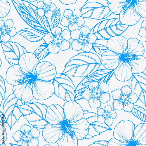 Tropical seamless pattern with exotic plants and hibiscus flowers.