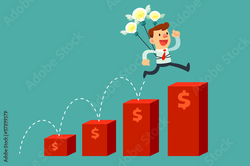 businessman with idea bulbs jump over bar chart