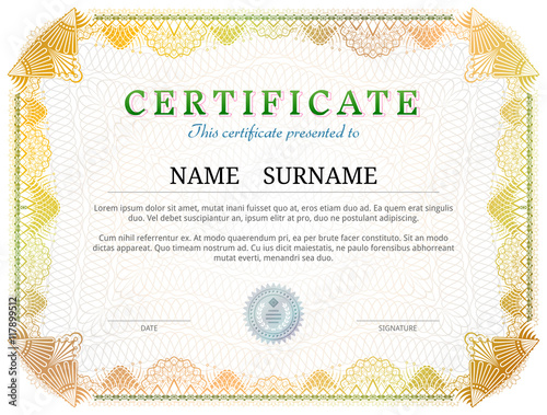 Certificate template with guilloche elements. Yellow diploma border design for personal conferment. Vector image for award, patent, validation, licence, education, authentication, achievement, etc