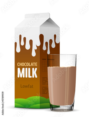 Glass of chocolate milk with gable top package close up. Cow cocoa milk carton and milk cup isolated on white. Vector image for milk, food service, dairy, beverages, gastronomy, health food, etc