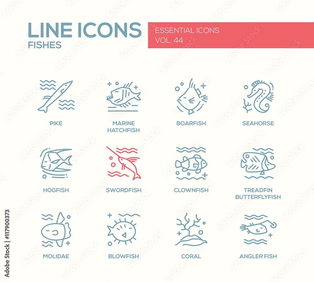 Fishes - line design icons set