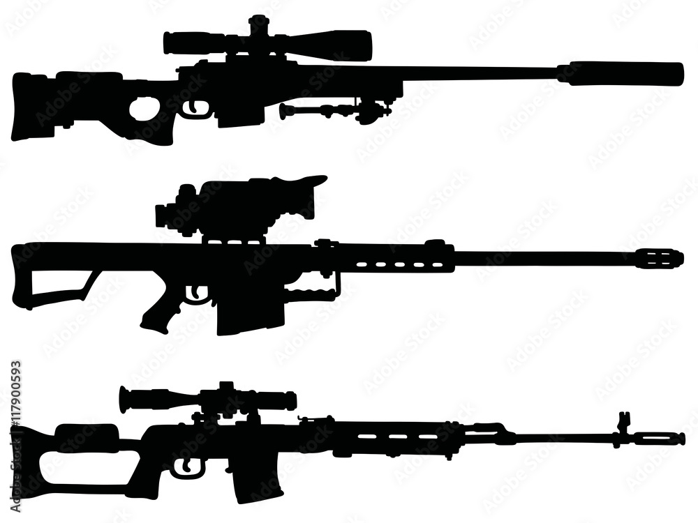 Three big sniper rifles / Hand drawing, vector illustration