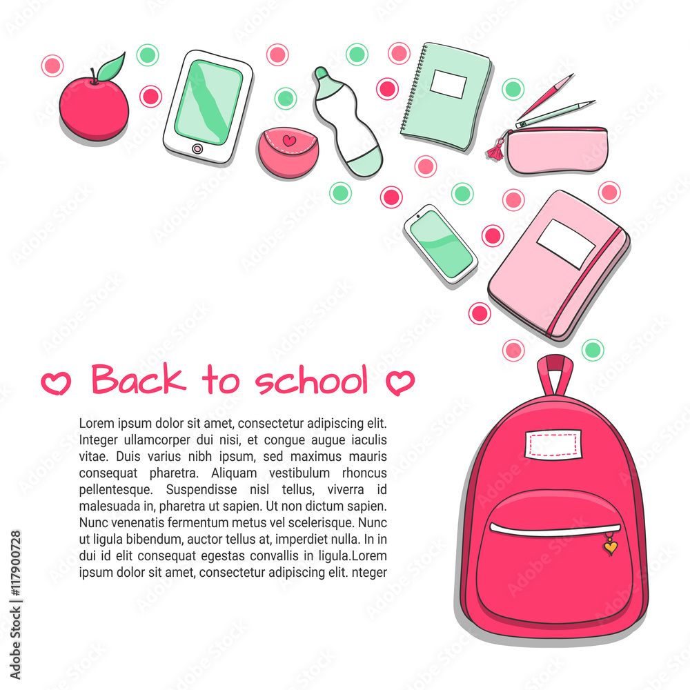 School background with teenager or student girl's school supplies. Education  poster template for sale banner or flyer. Design for brochures, booklets,  leaflet with empty place for your text. Stock Vector | Adobe