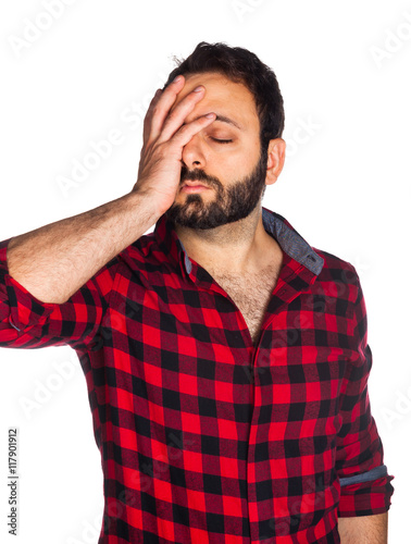 Desperate worker with plaid shirt