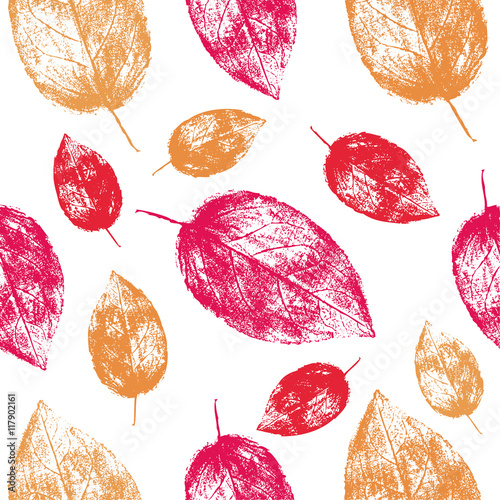 Seamless vector pattern herbal autumn orange red yellow hand drawn leaf texture background, imprint leaves sketch isolated on white for wallpaper, textile, packaging, organic natural project, cosmetic