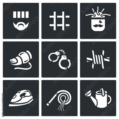 Vector Set of Interrogation Icons. Criminal, Prison, Electric chair, Lie detector, Arrest, Insulation, Appliance, Punishment, Shower.
