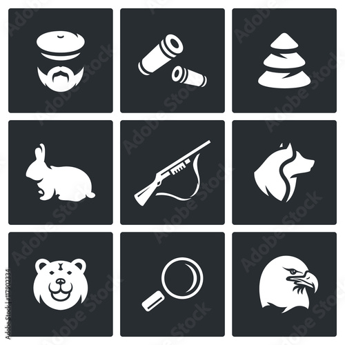 Vector Set of Hunting Icons. Hunter, Ammunition, Timber, Animal, Arms, Dog, Predator, Search, Bird.