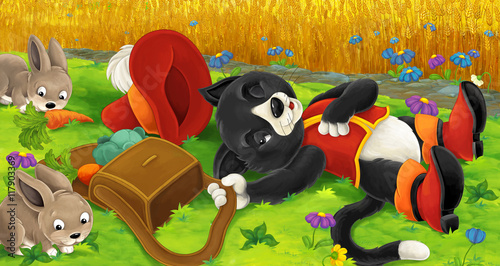 Fototapeta Naklejka Na Ścianę i Meble -  Cartoon cat working in the field - pretending to sleep to catch rabbits - illustration for children