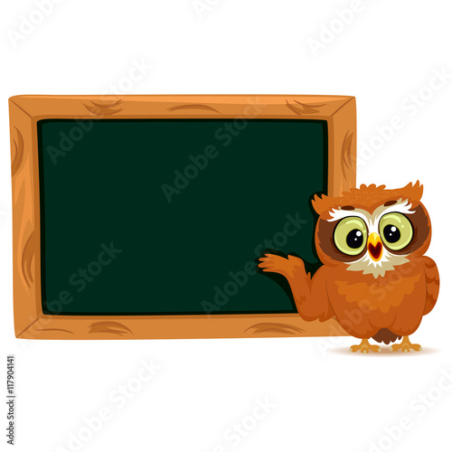 Vector Illustration of an Owl stands on Blank Blackboard